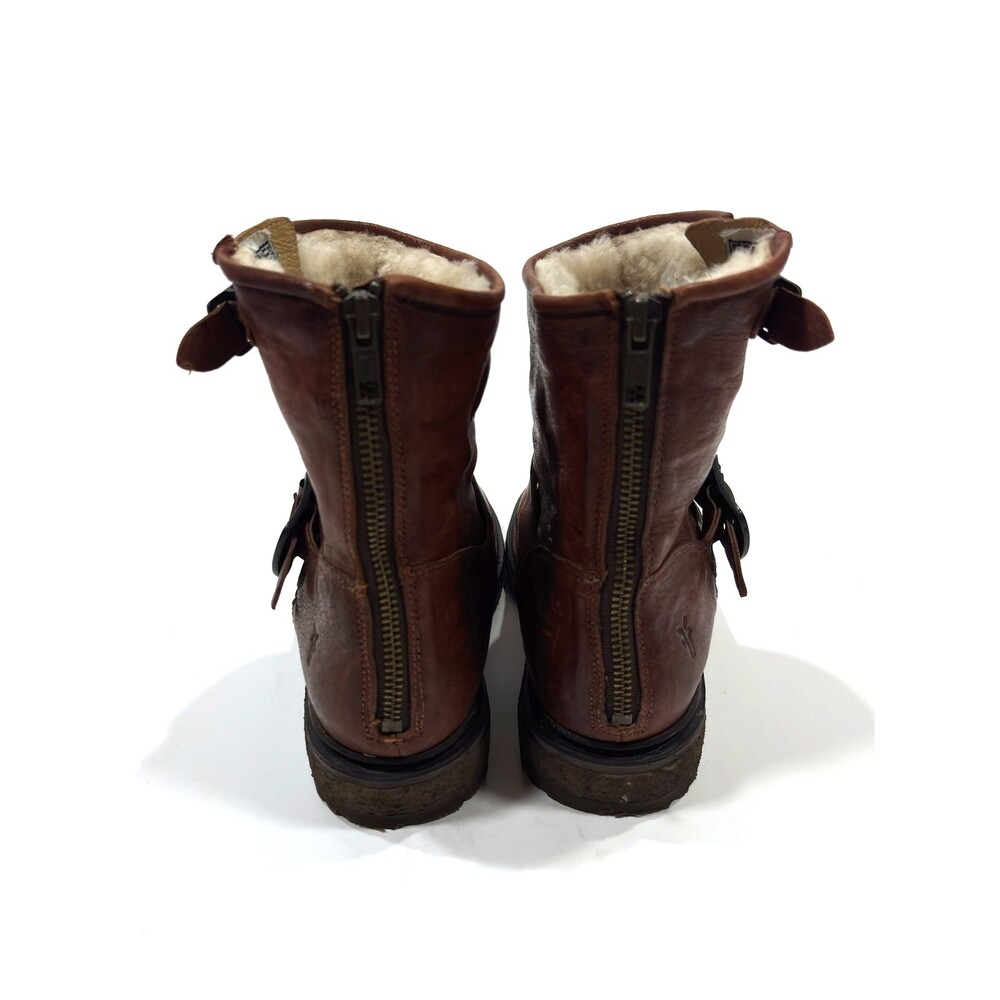 Frye Leather Brown Ankle Boots Shearling Lined Double Strap Zipper Moto - Size 7 - Picture 5 of 8